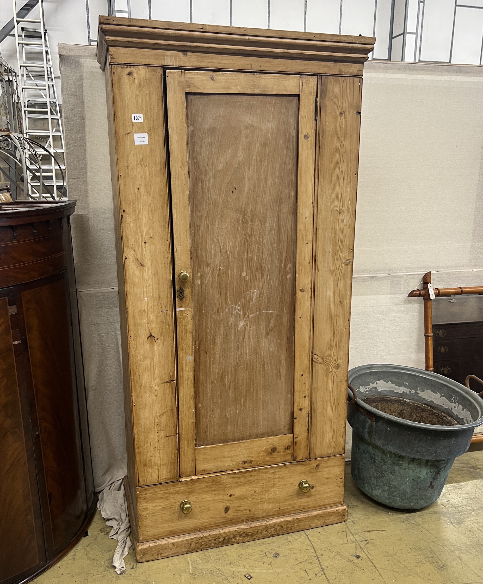 A Victorian pine single door wardrobe, width 86cm, depth 50cm, height 179cm